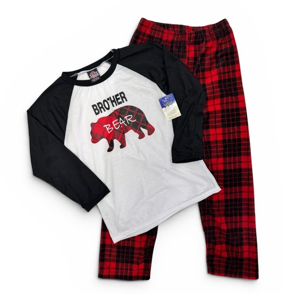 PJ's & Presents Kids Brother Bear Pajama Top Black White Buffalo Plaid Size 7/8